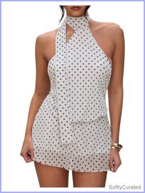 Polka Dot Mini Dress, Halter Backless Sleeveless A-Line Summer Party Dress